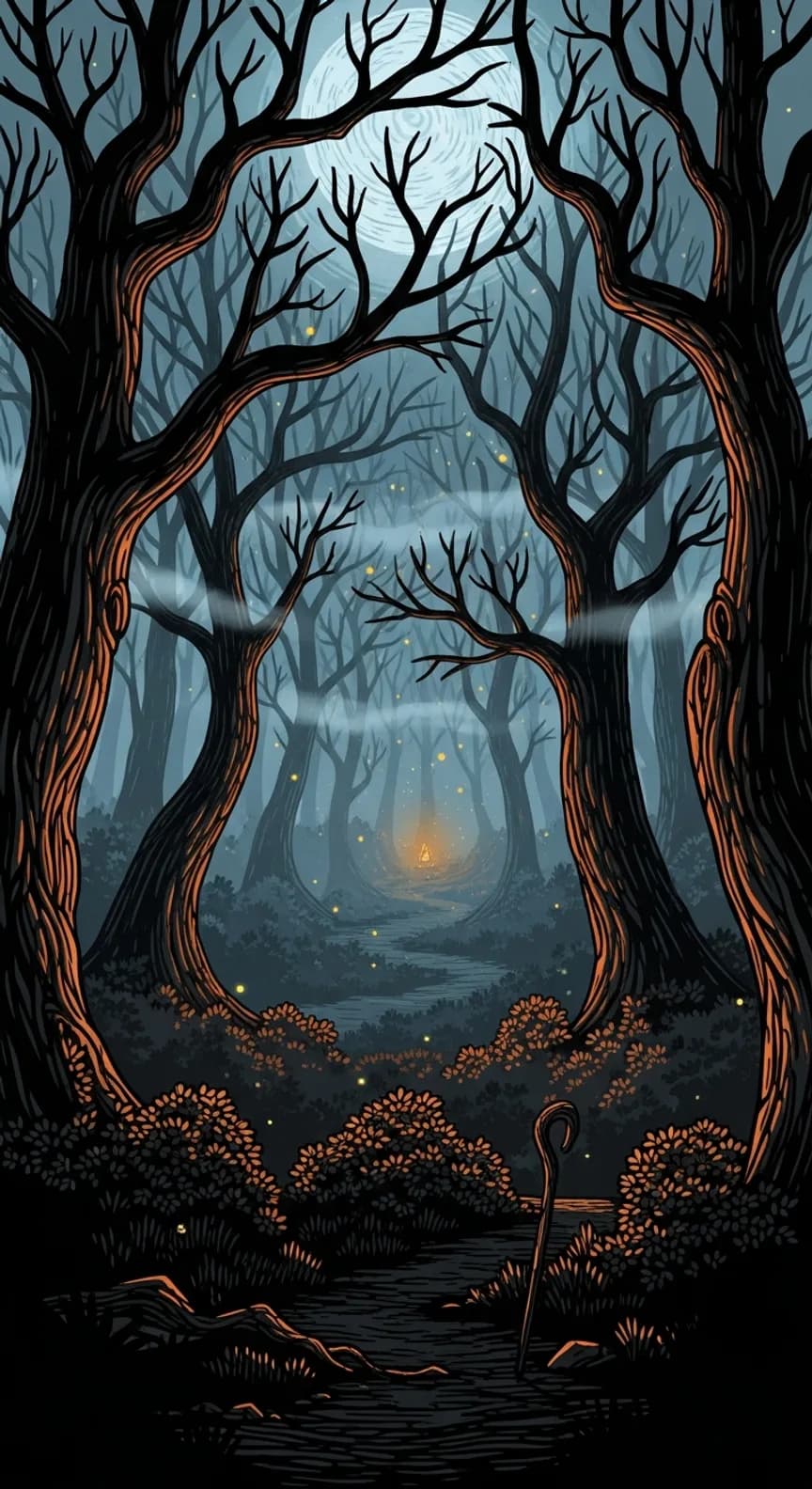 Primera pantalla del diagnóstico: un bosque de noche con un sendero iluminado, por donde empieza el recorrido.